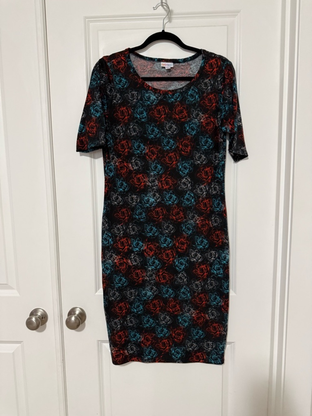 LuLaRoe Julia Black Midi Dress with Red and Teal Floral Swirl Print